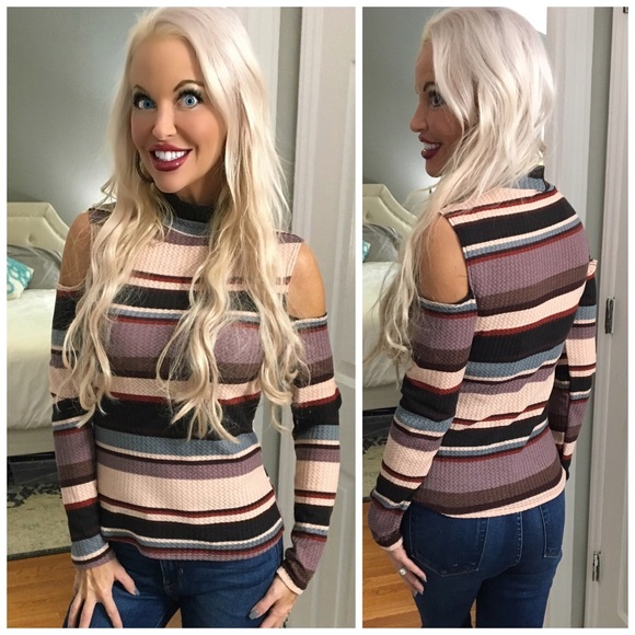 Tops - 💝LAST 2! Lavender Multi Mock Neck Striped Top!
